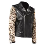 Leopard Sleeve With Studs Biker Jacket
