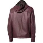 Mens Maroon Zip Up Hooded Leather Jacket